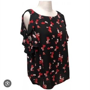 NEW Banana Republic Black and Red Ginkgo Leaf Sleeveless Ruffled Shoulder Blouse